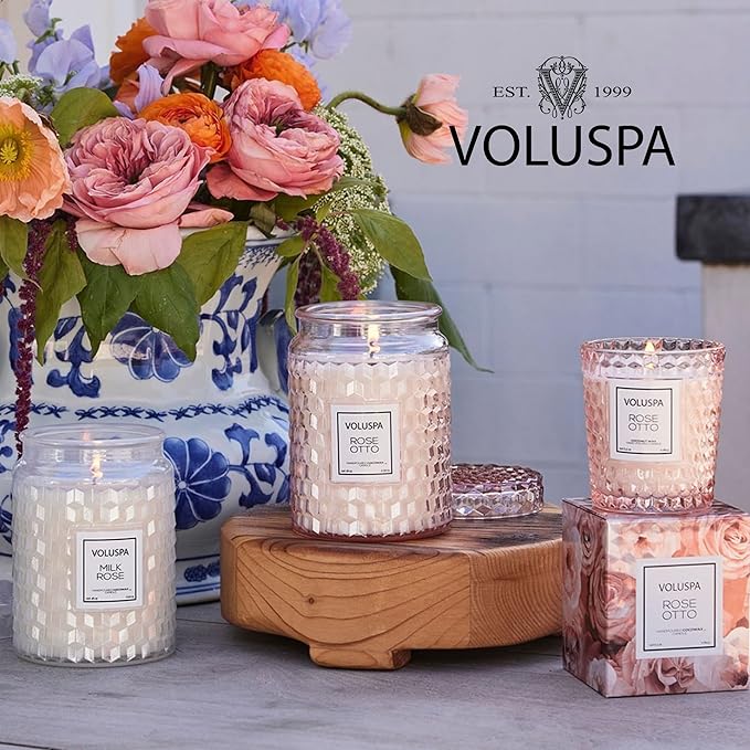 Voluspa Rose Colored Glasses, Large Candle Jar, 18 Ounce, 100 Hour Burn Time, Coconut Wax for Clean Burning, Handcrafted in The USA