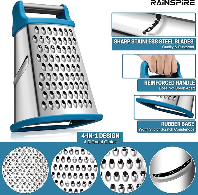 Rainspire Professional Box Grater, Cheese Grater Box for Kitchen Stainless Steel with 4 Sides, Cheese and Spice Graters with Handle for Vegetables, Ginger, Potatoes, Blue