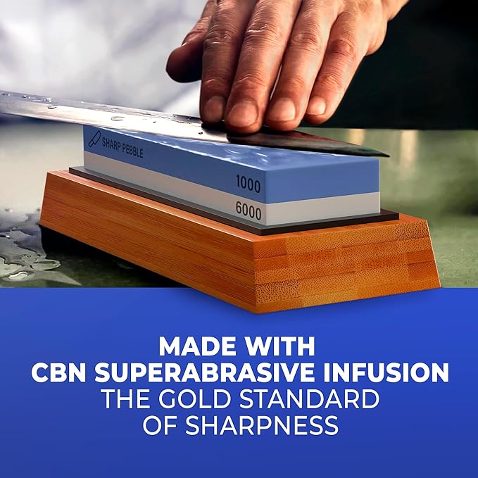 Sharp Pebble Premium Whetstone Knife Sharpening Stone 2 Side Grit 1000/6000 Waterstone- Whetstone Knife Sharpener- NonSlip Bamboo Base & Angle Guide