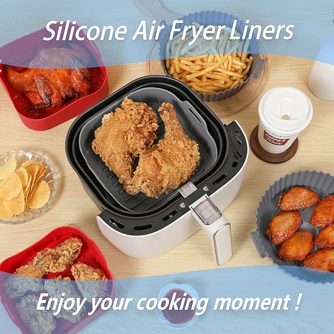 Air Fryer Silicone Liners, Pot 2 Pcs Reusable Non-Stick Air Fryer Basket Bowl Fit 3-6QT Air fryer Baking Replacement of Flammable Parchment Paper(Square, 7.5 Inch)