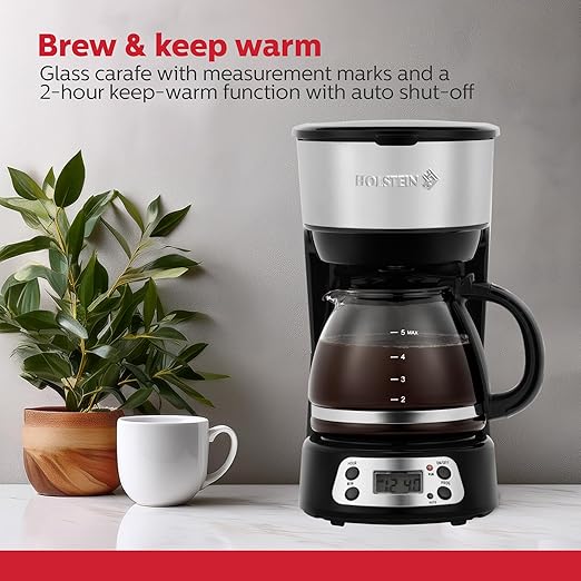 Holstein Housewares 5-Cup Programmable Coffee Maker, 25oz Drip Coffee Machine with Auto Brew Timer, Pause & Serve, Compact Design – Perfect for Home, Office & Dorm Use, Black