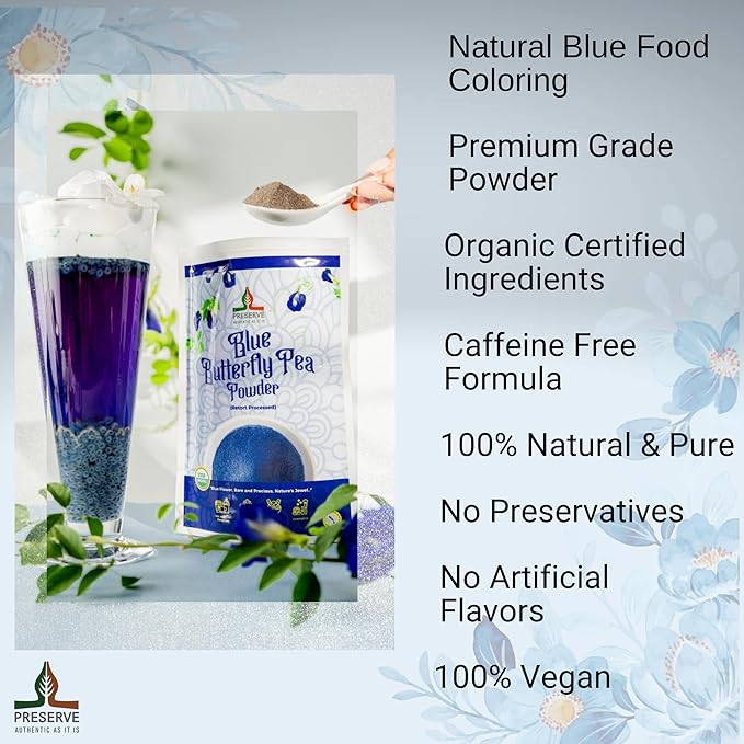 Pure Butterfly Pea Flower Powder, 100% Pure Natural Food Coloring, Non-GMO, Vegan, Retort Processed, Antioxidant-Rich, Blue Lotus Flower Powder