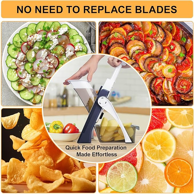 Safe Mandoline Slicer for Kitchen, Meal Prep, Potato Slicer, Adjustable/Easy to Clean/Storage, Kitchen Chopping Artifact, French Fry Cutter,Paring Knife/Cleaning Brush (only Slice, DarkBlue)