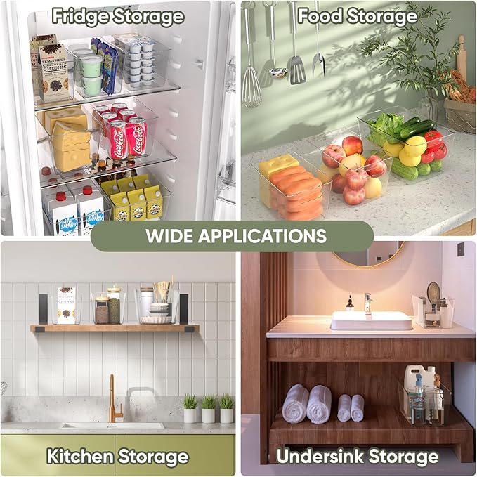 BALEINE Clear Plastic Storage Bins, Pantry Organization, BPA Free Stackable Refrigerator Organizers and Storage with Handles for Kitchen Fridge Cabinet Bathroom (6PK, 9.5x5.5x4.5)