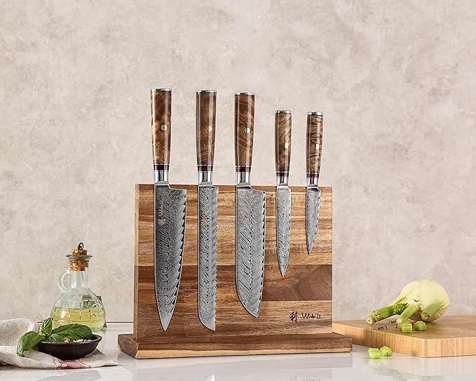 Wakoli Damascus Chef Knife Set with Magnetic Block – 5-Piece Professional Kitchen Knife Collection | Genuine 67-Layer Damascus Steel Blades with VG10 Core | Ergonomic Sycamore Wood Handles