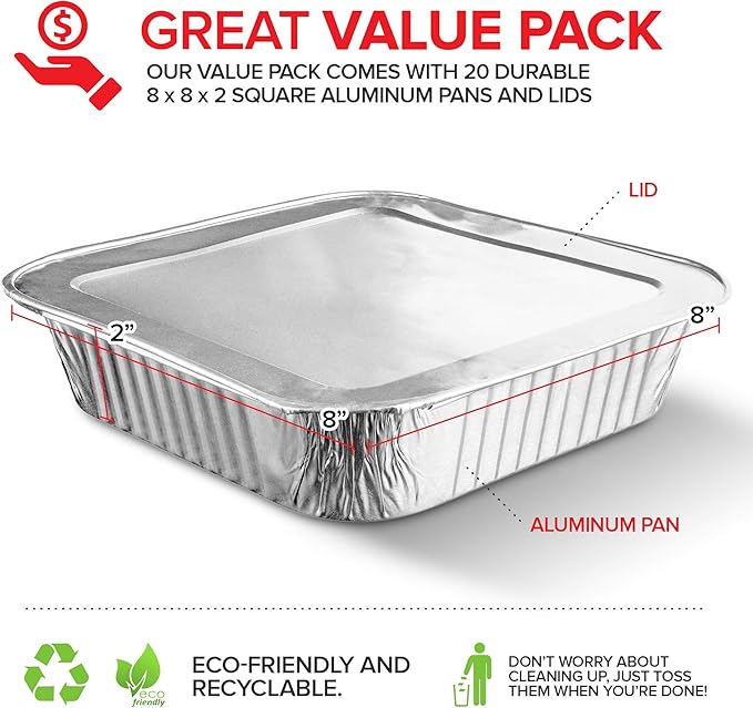 8x8 Foil Pans with Lids (20 Pack) 8 Inch Square Aluminum Pans with Covers -Disposable Food Containers Great for Baking Cake, Cooking, Heating, Storing, Prepping Food