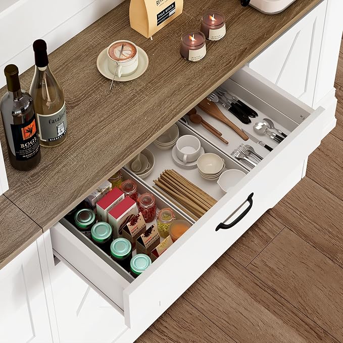 71" Kitchen Pantry Cabinet with Charging Station, Buffet Sideboard for Coffee Maker & Toaster, Storage Cabinet for Snacks, Spices & Wine, Fits Kitchen, Dining Room & Coffee Bar，White