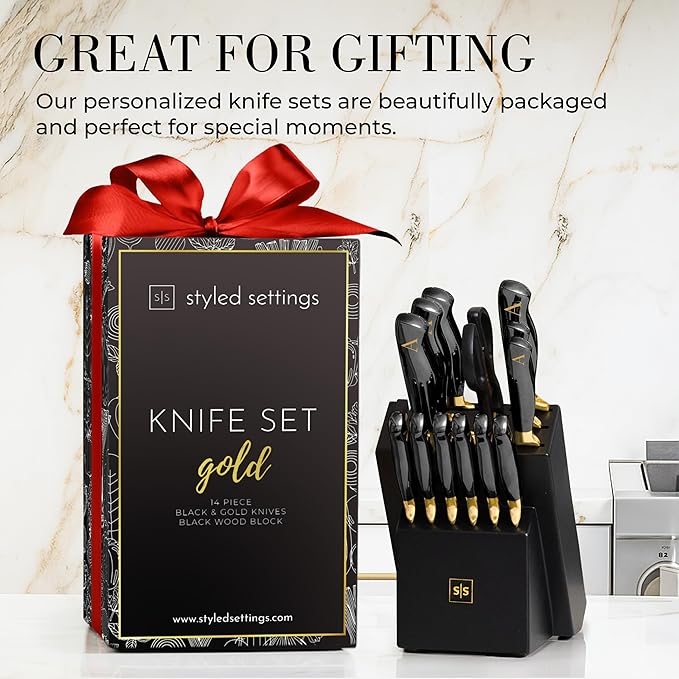 Personalized Black and Gold Knife Set with Block and Sharpener – 14-Piece Custom Engraved Titanium-Coated Gold Knives – Full Tang, Stainless Steel, Ergonomic, Gift-Ready