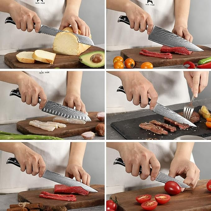 Damascus Kitchen Knife Set with Block – Razor Sharp 67-Layer VG10 Steel, Triple Rivet Handles, Chef, Santoku, Utility, Bread & Paring Knives, Sharpener, Shears, Black, 9PCS
