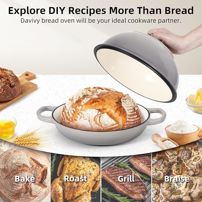 Davivy 5.5QT Cast Iron Dutch Oven with Silicone Baking Mat, 10" Round Bread Dutch Oven, Sourdough Bread Baking Pan, Enameled Cast Iron Bread Oven - Light Grey
