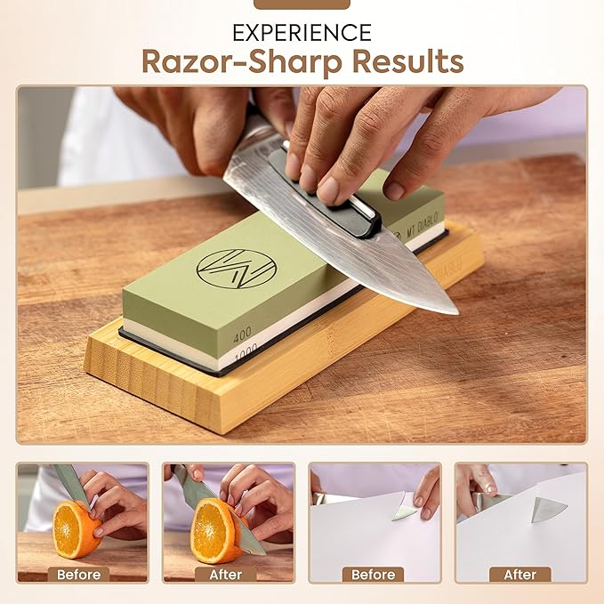 Mt Diablo Knife Sharpener Stone Kit for Chefs & Woodworkers: Dual-Grit Whetstones 400/1000 & 3000/8000, Premium White Corundum, Knife Sharpening Kit with Bamboo Base & Angle Guide, Flattening Stone
