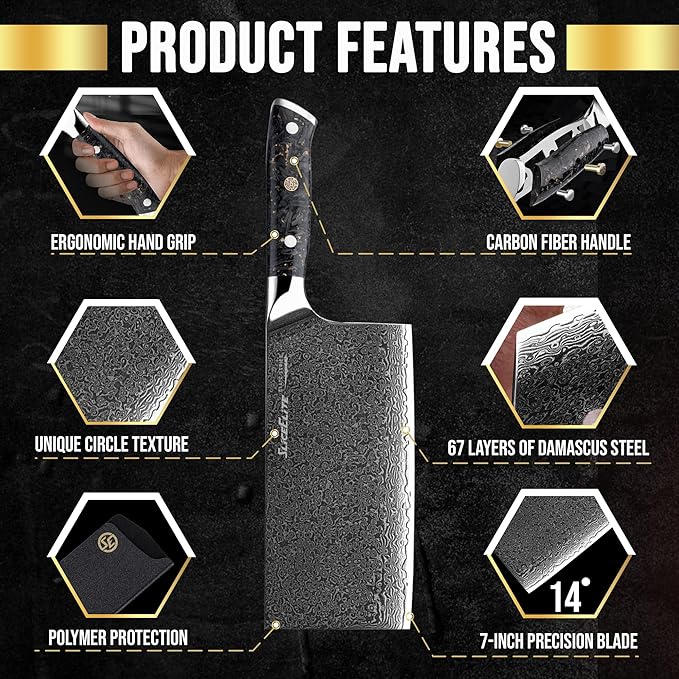 SliceElite Elite Series 7 Inch Meat Cleaver Knife Damascus VG10 Core Forged Carbon Fiber Handle Heavy Duty Chopper Sharp Kitchen Butcher Bone Cutter Vegetable Fruit Chef Tool Polymer Blade Guard Gift