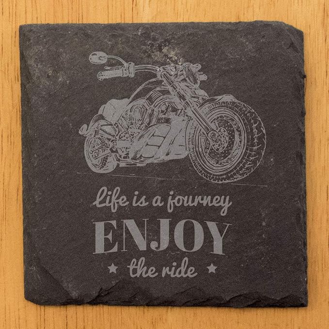 The Open Road Awaits: Motorcycle Coasters with Inspirational Quote - Square Slate - Set of 5