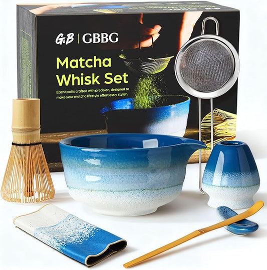 Matcha Whisk Set, Ceramic Matcha Set, Matcha Bowl, Matcha Whisk and Holder, Bamboo Scoop, Scoop Rest, Sifter and Tea Towel - 7 Pcs Matcha Kit for Lovers Family Birthday Gift (Blue)