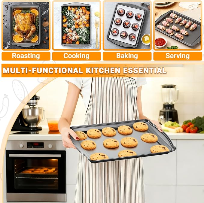 Baking Pan Set of 3 - Carbon Steel Baking Sheets with Cooling Racks, 13/15/17 Inch, Nonstick Cookie Sheets for Baking, Rust & Warp Resistant & Stackable, Nontoxic & Heavy Duty & Easy Clean