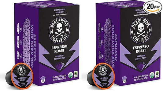 Death Wish Coffee, Espresso Roast Single Serve Coffee Pods - Fair Trade and Organic (10 Count) (Pack of 2)