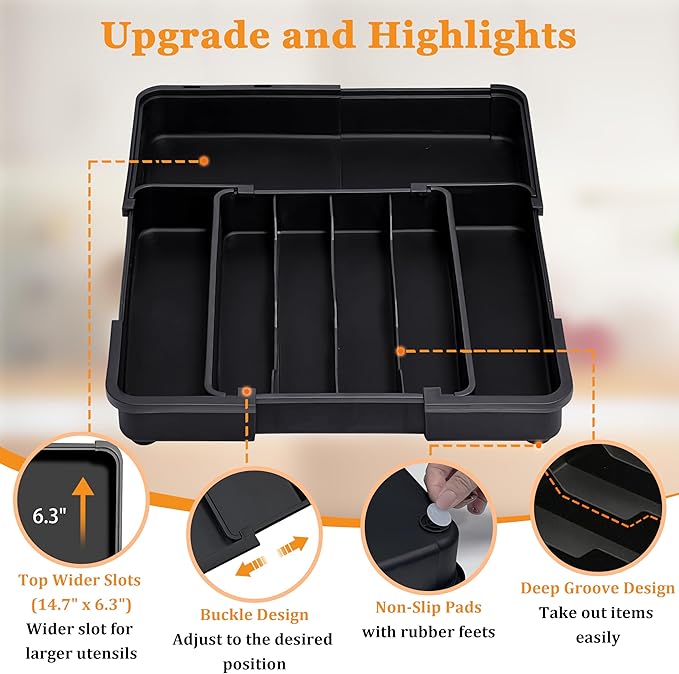 Homecor Silverware Organizer Expandable Kitchen Drawer Organizer with 7 Slots, BPA Free Cutlery Utensil Drawer Organizer, Kitchen Utensil Storage Tray for Forks Knives Spoons, Anti-Slip, Black