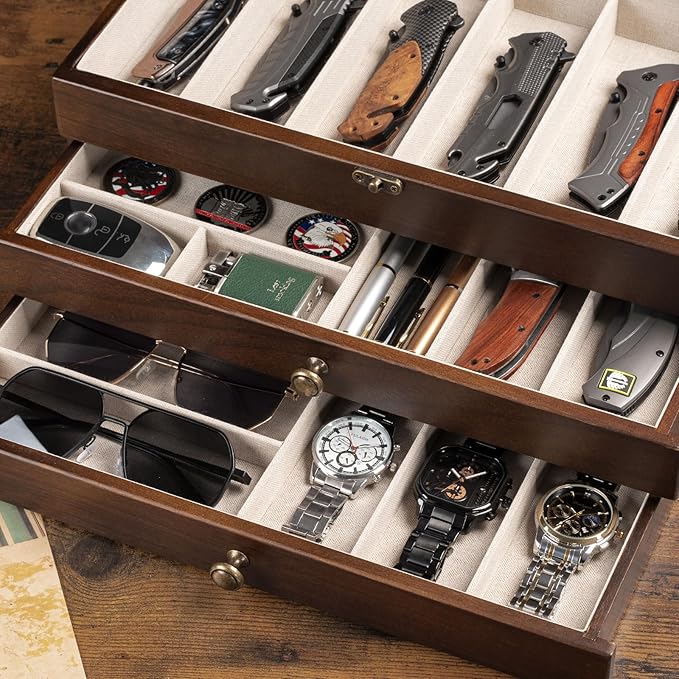 Knives Display Box, 3-Layer Pocket Knives Box Display & Storage Knives, Solid Wood Knives Box for Collections, Gift for Boyfriend Fathers Day Birthday Gifts(Walnut)