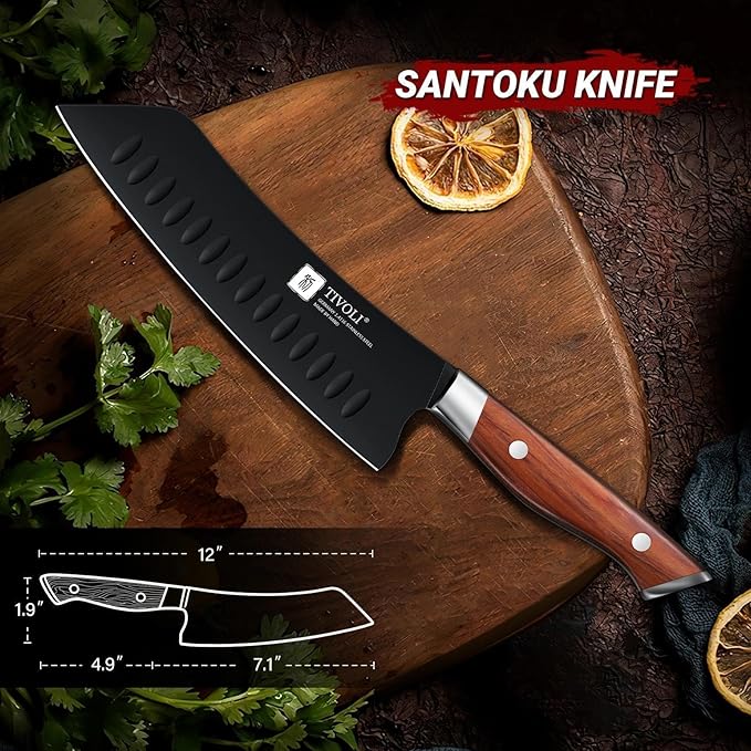 TIVOLI Santoku Knife, 7 Inch Professional Chef Knife, High Carbon Steel Ultra Sharp Deep Cooking Knife with Full Tang Ergonomic Wood Handle, Gift for Men Women Christmas