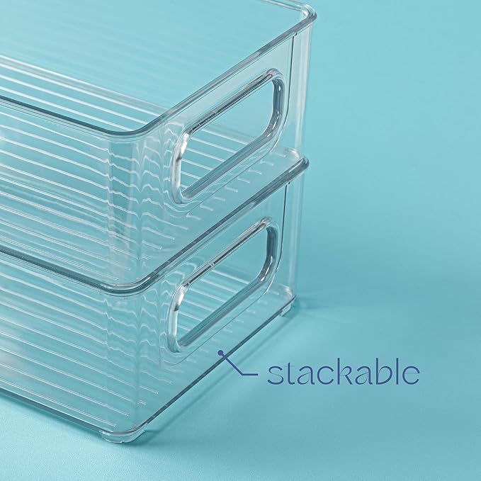 Plastic Food Storage 2 Pack Clear Container Bin with Handles for Organizing Kitchen, Pantry, Refrigerator, Freezer, Pantry, Cabinet, Closet, Bathroom. Stackable 10”x6”x3”