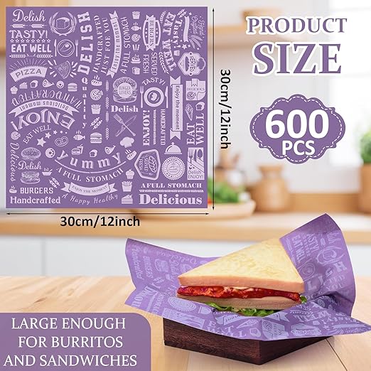 Outus 600 Pcs 12 x 12 Inch Deli Wax Paper Sheets Grease Resistant Tray Basket Liners Newsprint Paper Water and Grease Proof Sandwich Wrapping Square Hot Dog Wrappers for Food Baking (Dark Purple)
