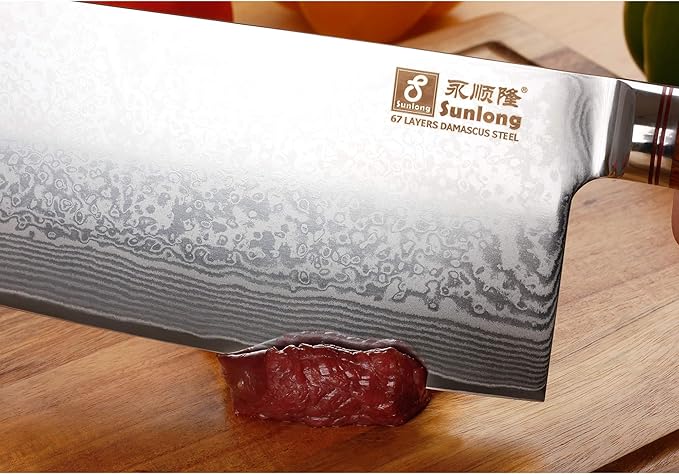 SUNLONG Meat Cleaver 7 inch Chinese Vegetable Cleaver -Japanese Hammered Damascus Steel-Bloodwood Handle