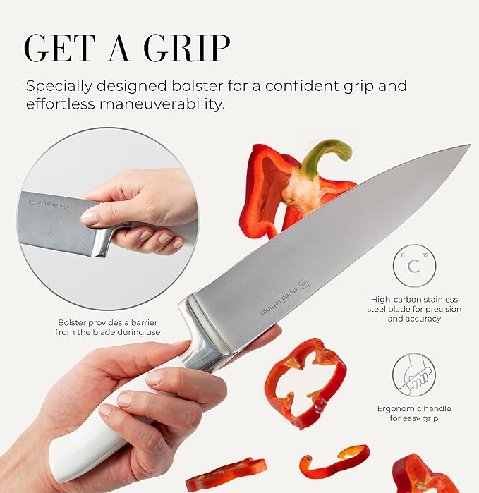 Styled Settings White Knife Set with Block and Sharpener – 14-Piece High Carbon Stainless Steel Knives with Ashwood Block and Built-In Sharpener – Durable White Kitchen Accessories for Cooking