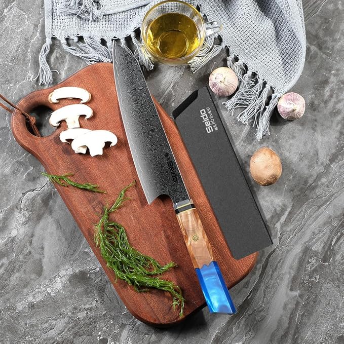 Seido Knives Kiritsuke Damascus Steel Chef Knife Epoxy Resin Stabilized Wood Handle Professional Kitchen Knife VG10 High Carbon Stainless Steel, Sapphire Blue