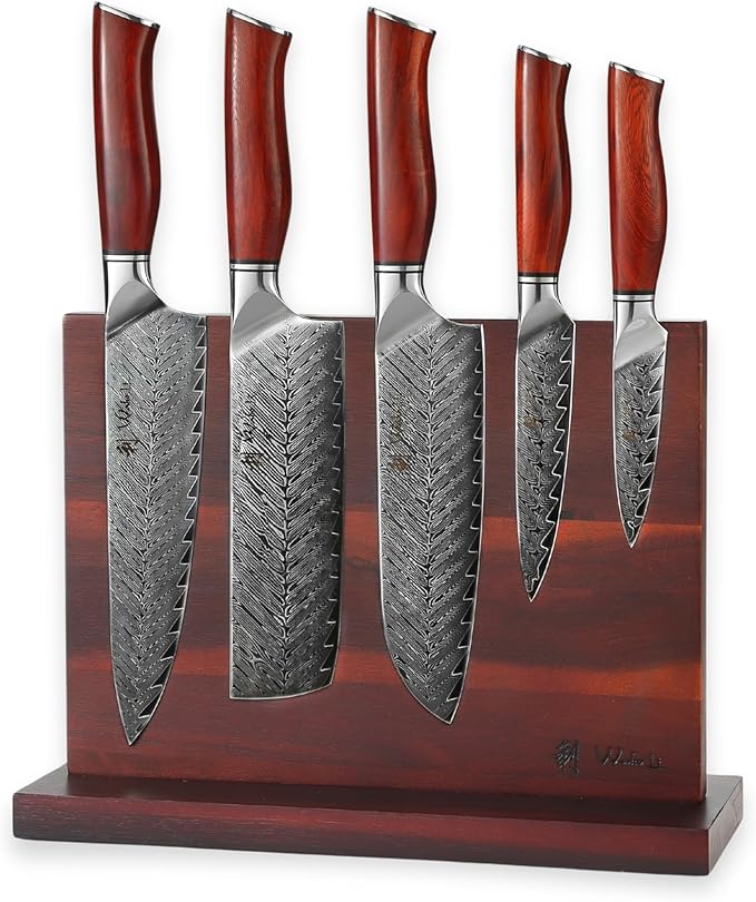 Wakoli Red Knife Block Set – 5-Piece Professional Damascus Kitchen Knife Set with Magnetic Block | 67-Layer Damascus Steel with VG10 Core | Ergonomic Rosewood Handles | Gift Box (Rose Elegance)