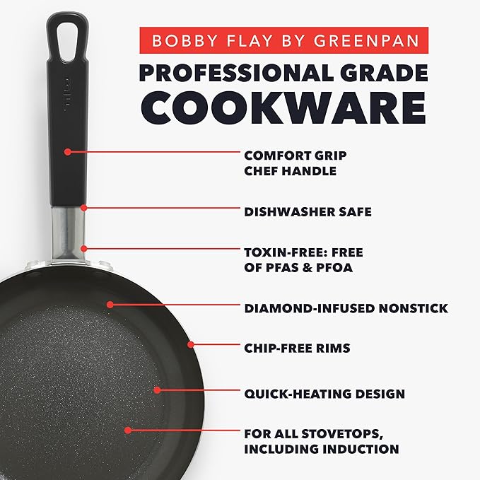 GreenPan x Bobby Flay 2 Piece- 8” and 10” Nonstick Frying Pan Skillet Set, PFAS-Free Diamond Ceramic, Induction Suitable, Stay-Cool Silicone Handle, Easy Clean Dishwasher & Oven Safe, Black