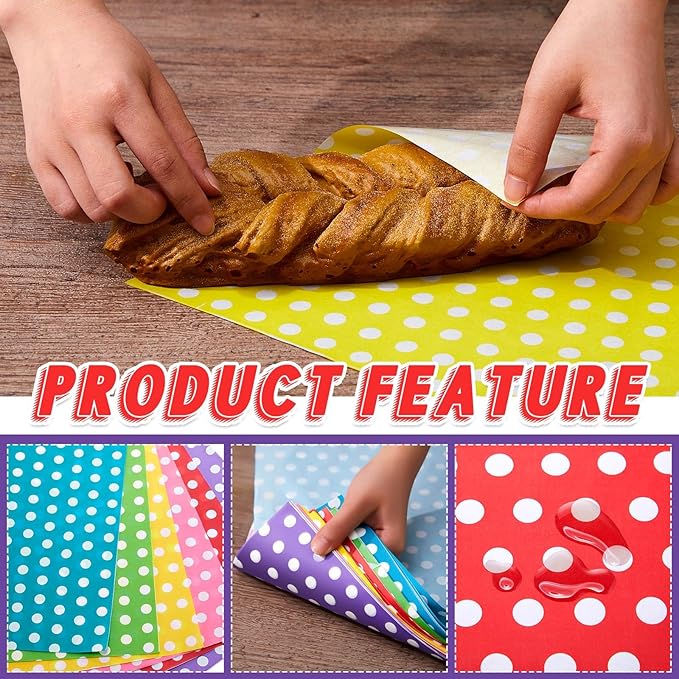 Fulmoon 300 Sheets Waxed Deli Paper Sheets for Food 12 x 12 Inch Polka Dot Dry Wax Paper Greaseproof Food Basket Liners Sandwich Wraps for Wrapping Bread Baking BBQ Picnic Party (Multicolor)