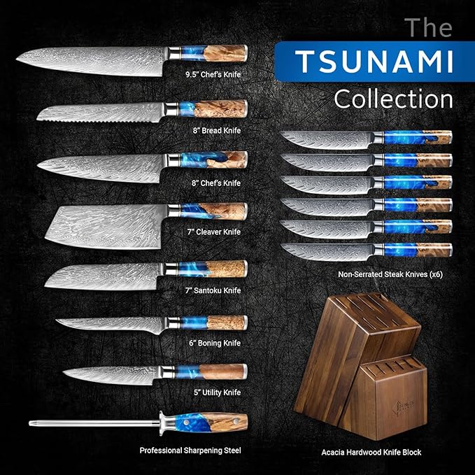 SENKEN 15-Piece Damascus Knife Block Set - "Tsunami" Collection Japanese Chef Knife Set - 67-Layer Japanese VG10 Steel Blades, Includes Chef Knife, Cleaver, 6 Steak Knives (15-Piece Knife Block Set)