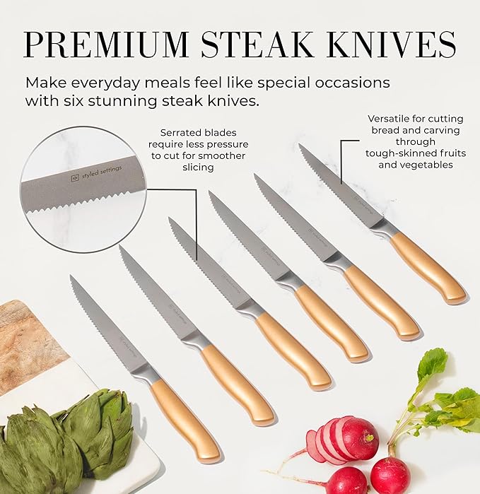 Black and Gold Knife Set for Kitchen with Block – 14-Piece Ultra-Sharp Stainless Steel Knives with Gold Handles and Built-In Sharpener – Stylish Kitchen Accessories for Cooking and Decor