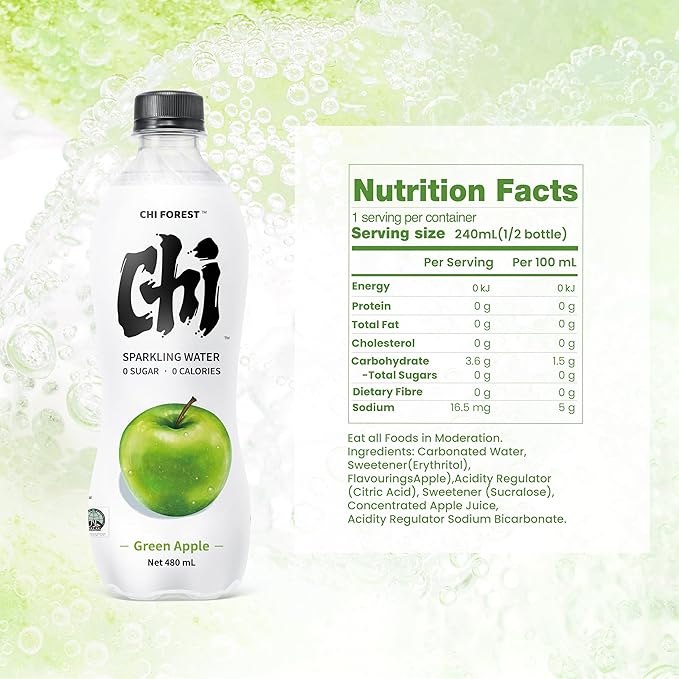 CHI FOREST Flavored Sparkling Water Beverage, Green Apple, Zero Sugar, 16.2 fl oz Bottles (pack of 15)