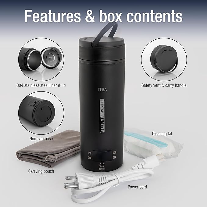 ITSA Travel Electric Kettle 500ml Portable Stainless Steel Water Boiler with Temperature Control & Auto Shut Off – Mini Electric Kettle for Coffee, Tea & Hot Water, BPA-Free