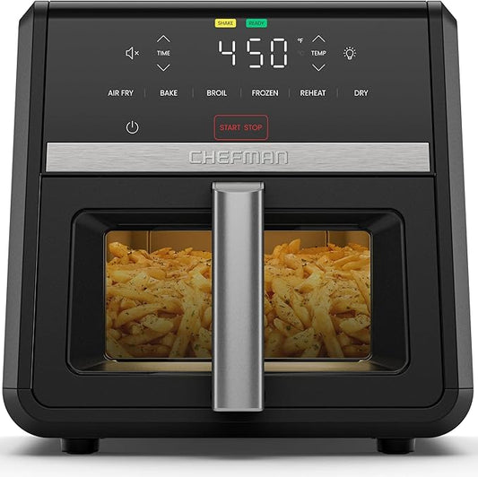 Chefman Air Fryer TurboFry 9-Qt, 6-in-1 High-Powered 450°F Cooking for Crispier French Fries, Chicken, and Onion Rings, XL Windowed Basket, Air Fry, Bake, Broil, Reheat, Dehydrate, Defrost – Black