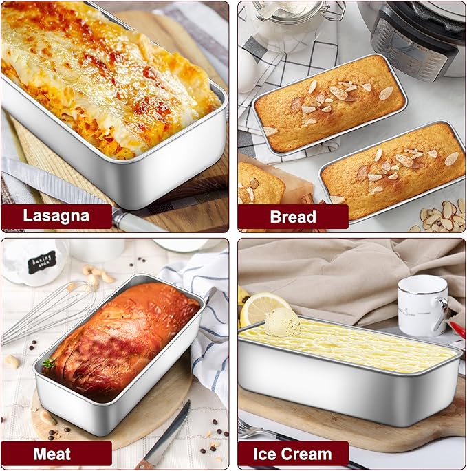 LIANYU Stainless Steel Loaf Pans Set of 4 for Baking Bread, 1 Large (12x5 Inch) & 3 Medium (9x5 Inch) Bread Pans, Ideal for Lasagna, Meat, Cake, Brownies, Durable & Non Toxic, Oven & Dishwasher Safe
