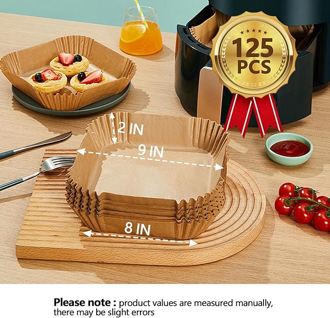 9 Inch Air Fryer Liners, 125PCS Non-Stick Air Fryer Paper Liners Disposable, Oil-Proof & High-Temperature Resistant Square Baking Paper for Air Fryer, Microwave and Oven（Bottom Is 8 Inch）