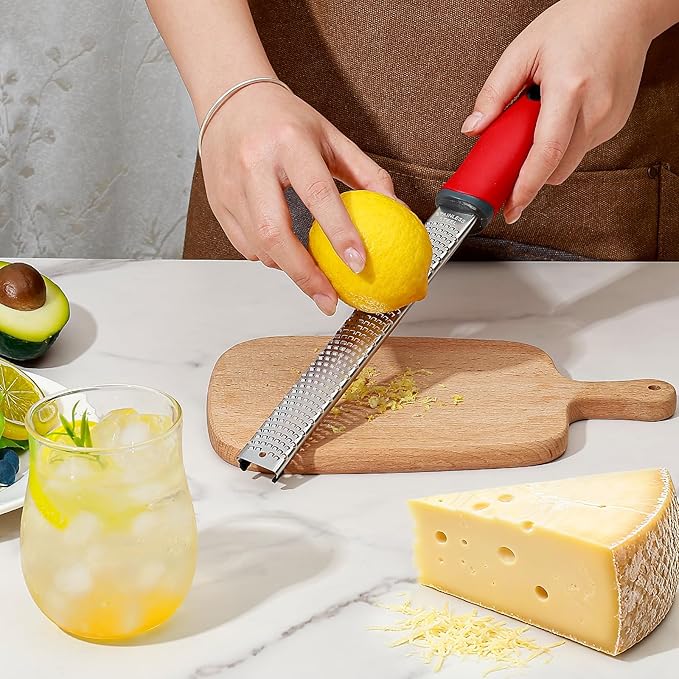 Koythin Zester, Lemon Zester & Cheese Grater with Brush, Heavy Duty Kitchen Tool for Zesting Citrus, Parmesan Cheese, Chocolate, Ginger, Fruits, Stainless Steel with Handle and Cover (Red)