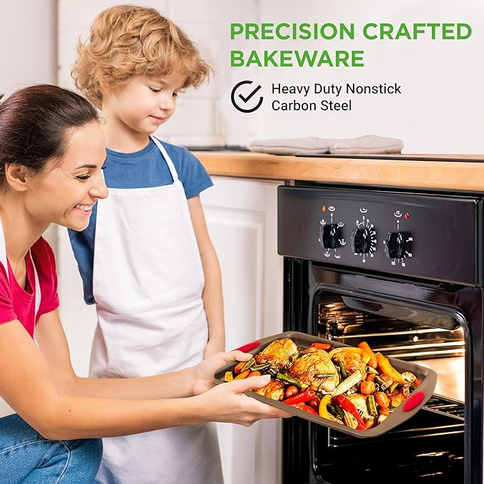 NutriChef 6-Piece Bakeware Set - Carbon Steel Stackable Bakeware with Red Silicone Handles & Nonstick Coating, Includes Cookie Sheets, Roaster Pan with Lid, Loaf, and 12 Cup Muffin Pan (Gold)