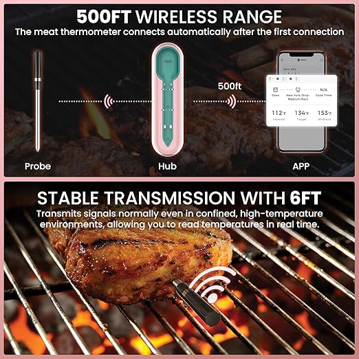 Wireless Meat Thermometer for Grilling and Smoking, CP10 500FT Meat Probe Thermometers, Smart Food Thermometer Probe for BBQ, Oven, Grill, Smoker, Sous Vide Gifts for Mom, Wife - Pink