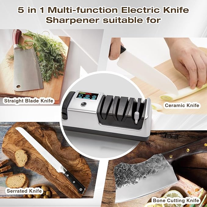 Silver Professional 3-Stage Electric Knife Sharpener for Kitchen Knives, LCD Screen, 100% Diamond Abrasive, Adjustable Rotational Speed, Precision Angle Guides for All Kitchen Knives