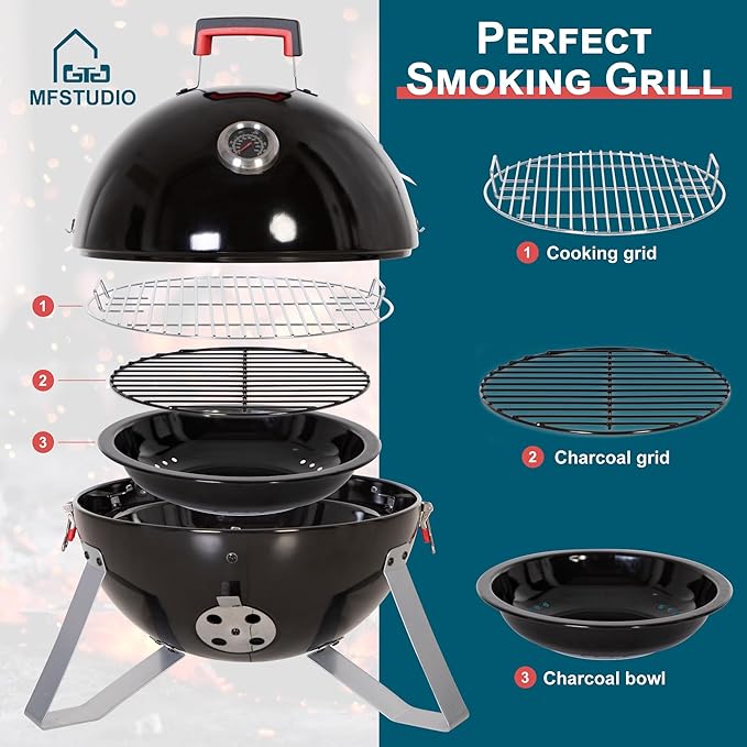 MFSTUDIO 18" Vertical Smoker and BBQ Grill, Pure Porcelain-Enameled Cooker, Heavy Duty Charcoal & Woods Outdoor Grill for Smoker, Black