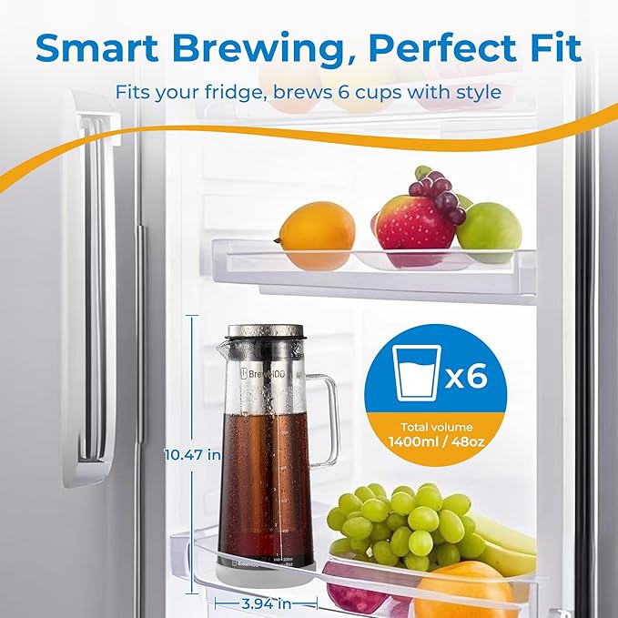 Cold Brew Coffee Maker, 1.4L/48Oz Cold Brew Pitcher | Ice Tea Maker with Airtight Glass Carafe, Filter, Non-Slip Base, Comfort Handle, Wide Spout (Grey)