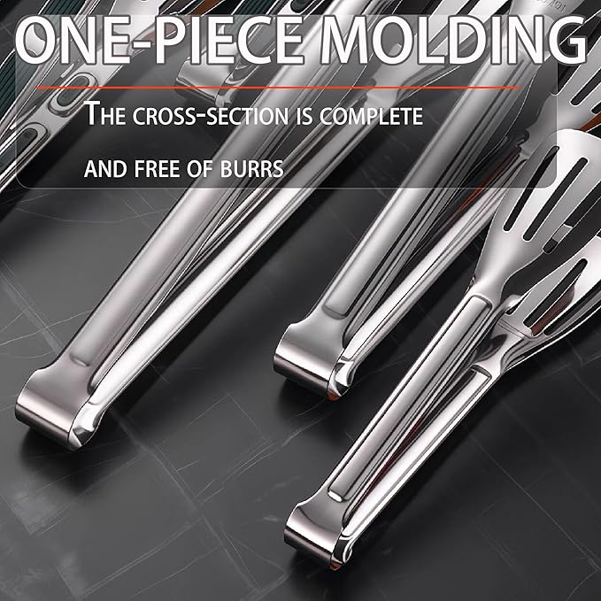 Stainless Steel Kitchen Tong Set - Anti-Slip Heat-Resistant Grip, Widened 3-Line Slotted Heads for Easy Clamping (Steaks, BBQ, Pasta, Salads), Easy Clean for Versatile Use Set of 3-9", Silver