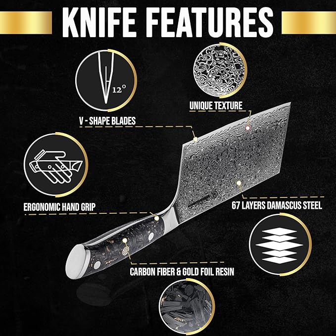 SliceElite Elite Series 7 Inch Meat Cleaver Knife Damascus VG10 Core Forged Carbon Fiber Handle Heavy Duty Chopper Sharp Kitchen Butcher Bone Cutter Vegetable Fruit Chef Tool Polymer Blade Guard Gift