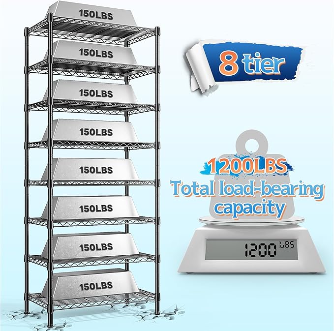 8 Tier Wire Shelving Rack Storage Shelves Loads1200LBS,Adjustable Metal Shelving Rack and Metal Shelves Pantry Shelves Commercial Wire Shelf for Closet Kitchen Office 72H X 13.8D X 23.6W