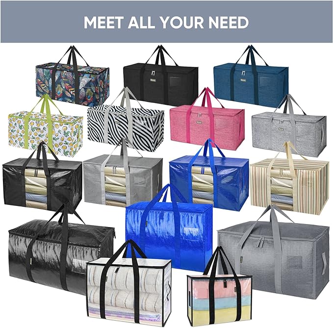 BALEINE 4-Pack Oversized Moving Bags with Reinforced Handles, Heavy-Duty Storage Tote Moving Supplies for Packaging, Camping (Color Stripe, 4-Pack)