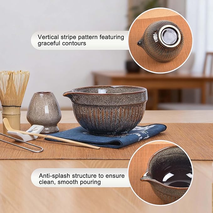 Matcha Whisk Set – Ceramic Matcha Bowl with Spout, Bamboo Whisk, Scoop, Ceramic Holders, Stainless Sifter, Towel,Perfect Matcha Starter Kit for Tea Ceremony, Japanese Tea Making Tools (Brown)