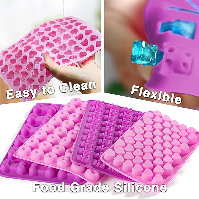 Gummy Candy Molds, 4 Pcs Silicone Chocolate Molds with 4 Droppers, Non-stick Candy Molds for Caramels, Ganache, Ice Cubes, Bone Bear Donut Heart Shape Included